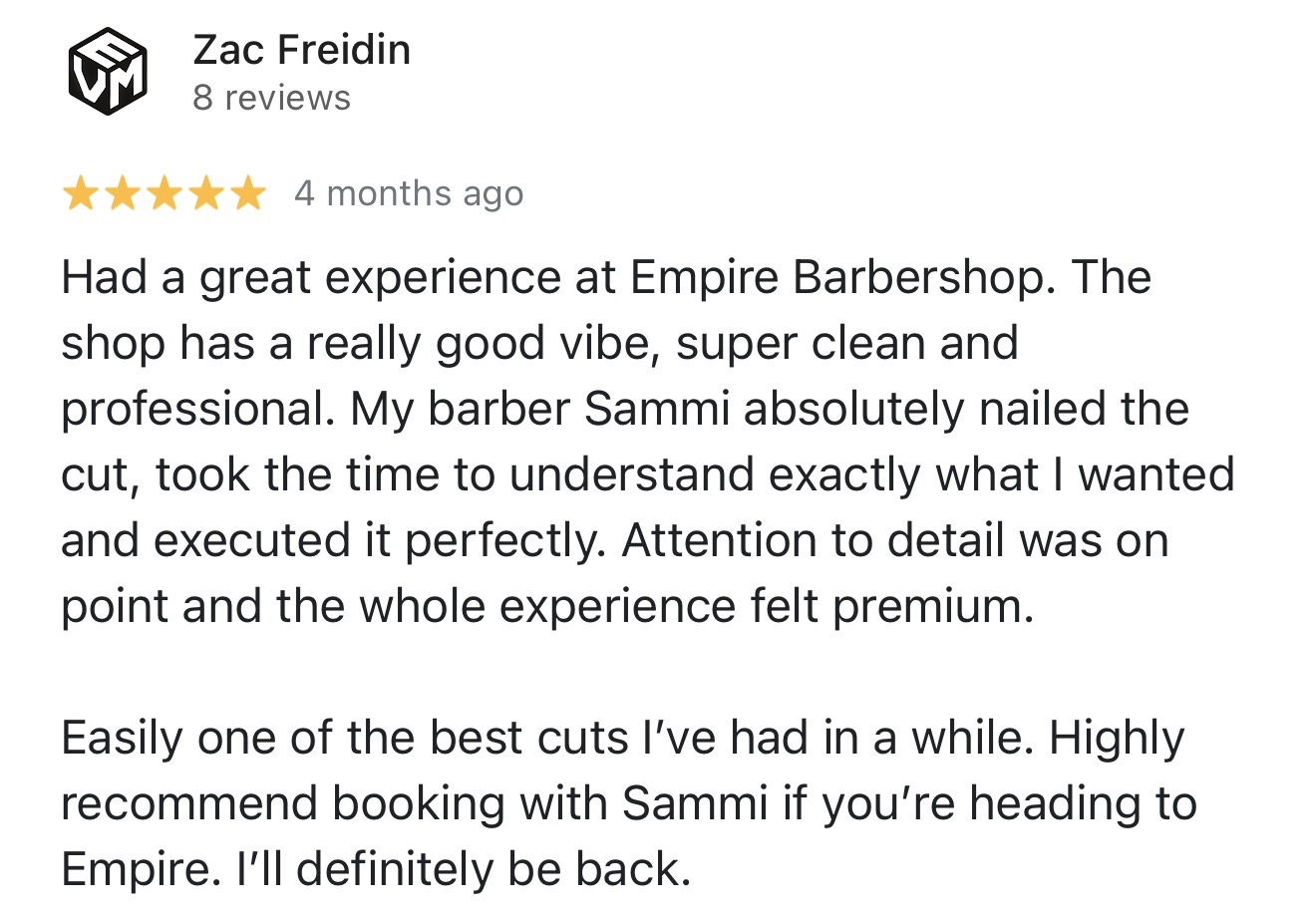 Google review of Empire Barbershop