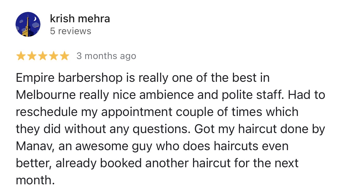 Google review of Empire Barbershop
