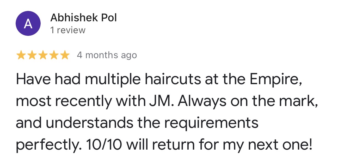 Google review of Empire Barbershop