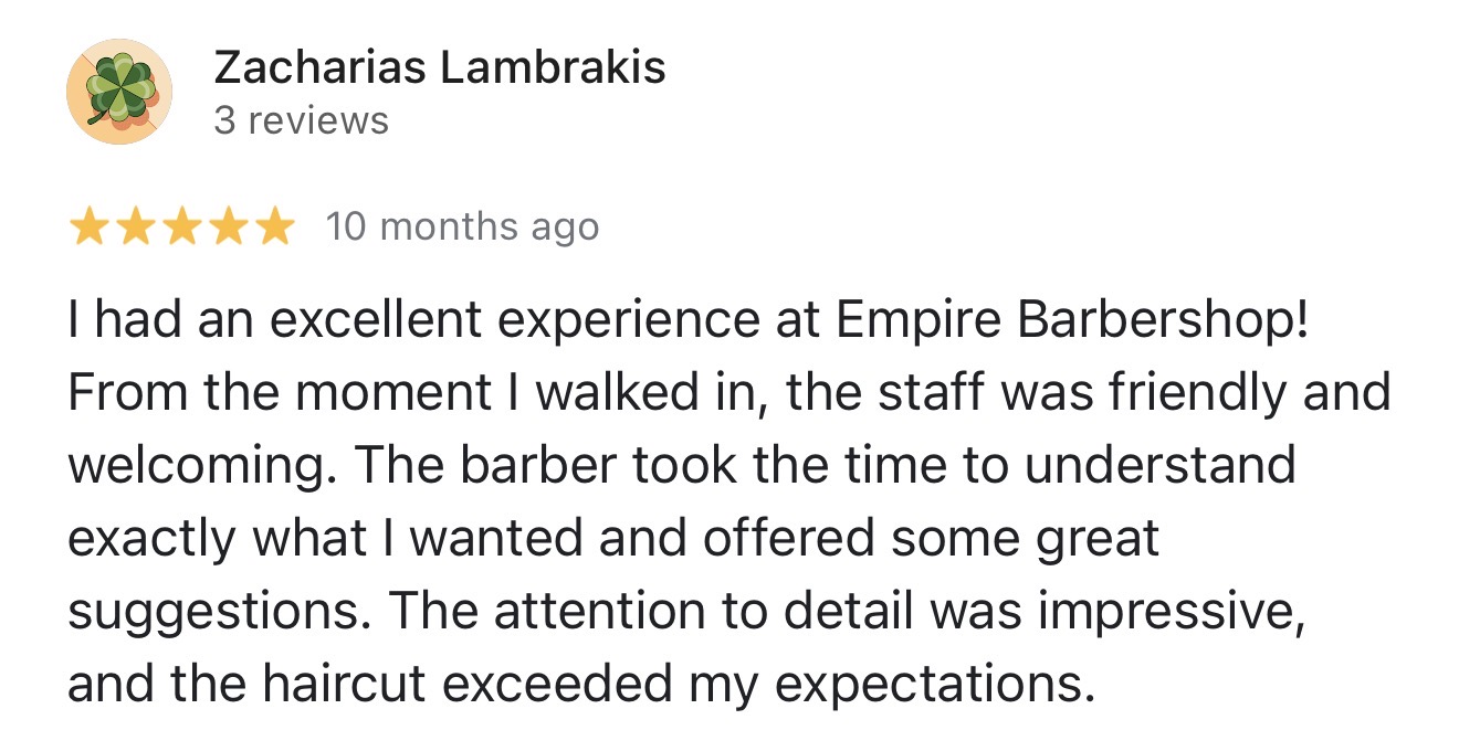 Google review of Empire Barbershop